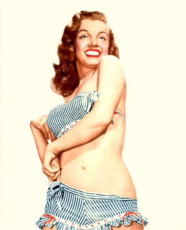 Authentic 1953 Marilyn Monroe door-panel poster, original life-size pin-up in blue-and-white striped bikini, looking over her shoulder.