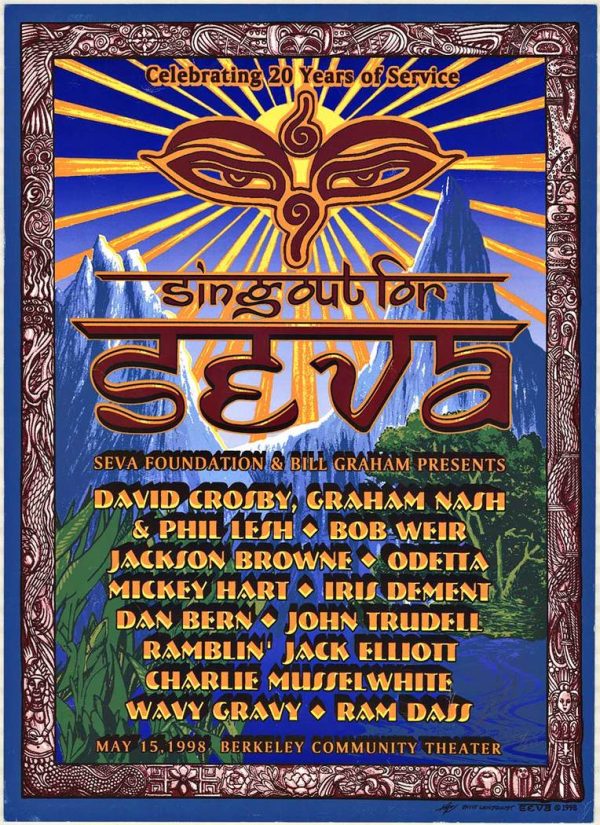 Color concert poster titled “Sing Out for Seva” with ornate decorative frame elements and stylized lettering, featuring the Seva Foundation & Bill Graham banner and a list of performers on a bright background
