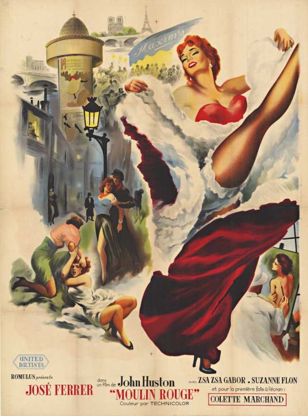 Color illustrated vintage movie poster titled “Moulin Rouge,” featuring dramatic theatrical imagery and red fabric elements, with period artwork and text, linen backed for framing.