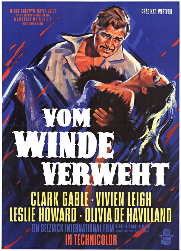 “Gone with the Wind ‘Vom Winde Verweht’ 1962 German original vintage lithograph movie poster with burning of Atlanta scene linen backed”