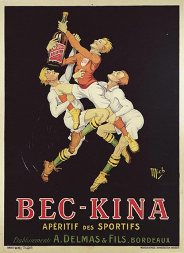 Mich "Bec-Kina" lithograph poster, 1920s, Art Deco sports advertising featuring dynamic rugby players reaching for aperitif bottle against dark background; original vintage sports poster, linen-backed, 47" × 63" French format