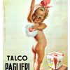 Charming vintage Italian powder advertisement featuring a cherubic blonde baby girl with pink bow and slippers, applying talc powder to her body against soft mint-green background, bold black sans-serif typography, offset-lithograph in warm peach and cream tones, 1949 Boccasile design.