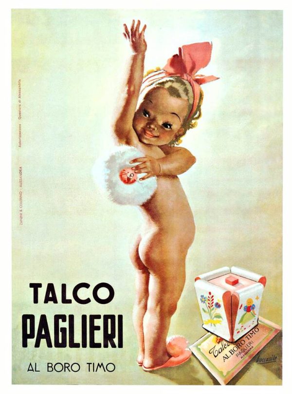 Charming vintage Italian powder advertisement featuring a cherubic blonde baby girl with pink bow and slippers, applying talc powder to her body against soft mint-green background, bold black sans-serif typography, offset-lithograph in warm peach and cream tones, 1949 Boccasile design.