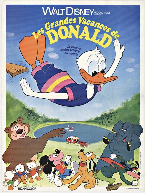 1950s Les Grandes Aventures de Donald (The Great Adventures of Donald Duck) French affichette, artist unknown, showing Donald Duck flying above a lakeside scene with animated animal characters below.