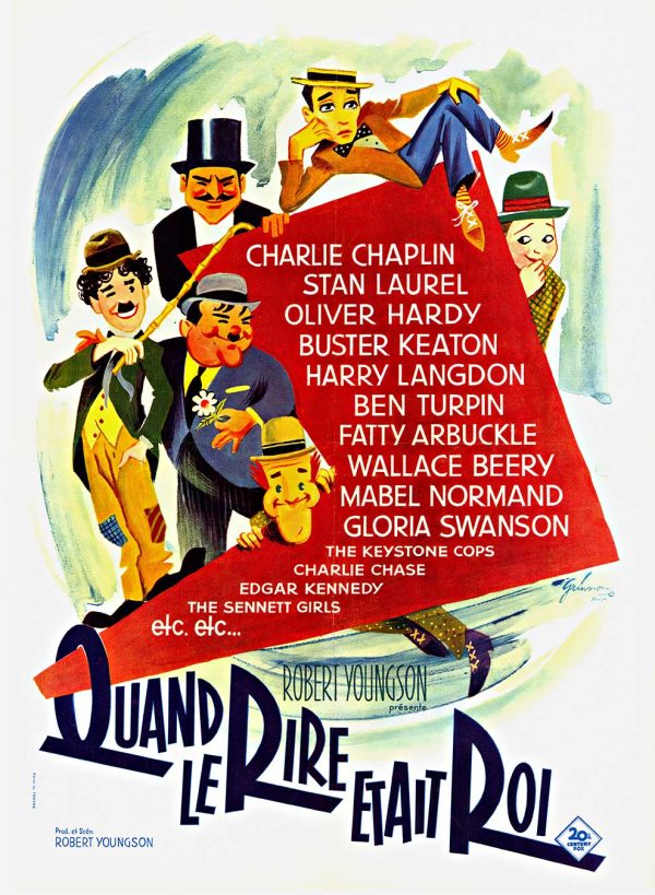 960 French poster Quand le Rire Était Roi (When Laughter Was King) by Boris Grinsson featuring illustrated portraits of Charlie Chaplin, Laurel and Hardy, Buster Keaton, and other silent film comedians.