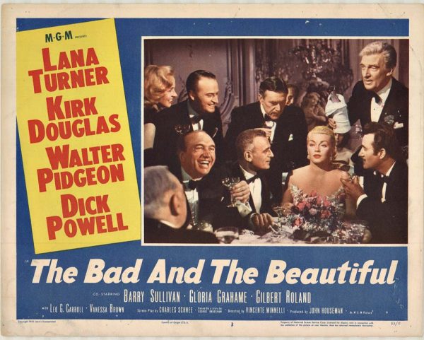Original lobby card “The Bad and the Beautiful” NSS #53/6 featuring Lana Turner, Kirk Douglas, Walter Pidgeon, and Dick Powell, very good condition.