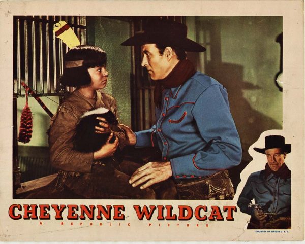 Original Cheyenne Wildcat vintage lobby card, 1944 lithograph, 14 x 11 inches, edge damage, starring Bill Elliott, Robert Blake, Alice Fleming, Peggy Stewart, Red Ryder Western adventure