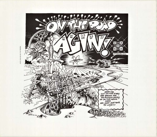 1971 Robert Williams original 1st printing 17 x 15" black-and-white album cover proof poster for “On The Road Again!” with detailed psychedelic cartoon artwork and music-related show text.