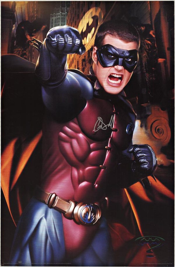riginal 1995 Batman Forever theatrical poster hand-signed by Chris O'Donnell in silver ink; actor in full Robin costume with purple and black armor against dramatic lighting—offset-lithograph, vibrant superhero aesthetic, 1990s cinema promotional art