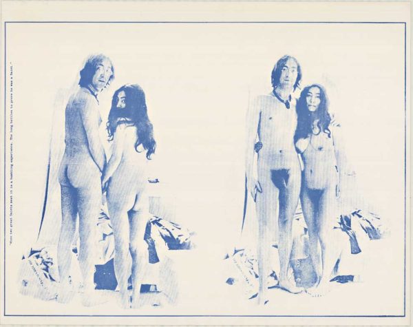 Vintage poster featuring John Lennon and Yoko Ono nude in a blue-toned, album-cover style composition, unbacked.