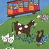 Original Skansen vintage poster, Swedish museum travel lithograph from c. 1960s featuring yellow-haired rock hopping penguin character with children in train car, farm animals, and countryside scene; authentic antique poster, offset-lithograph, unbacked.