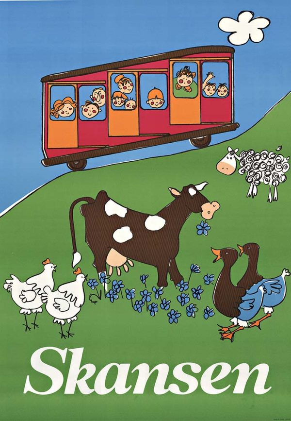 Original Skansen vintage poster, Swedish museum travel lithograph from c. 1960s featuring yellow-haired rock hopping penguin character with children in train car, farm animals, and countryside scene; authentic antique poster, offset-lithograph, unbacked.