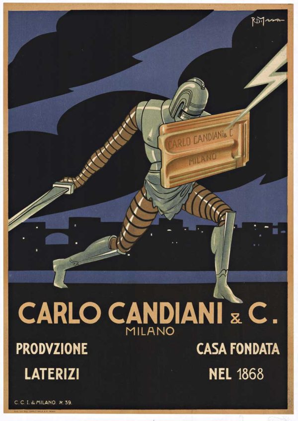 Art Deco vintage Italian poster featuring a gilded knight defending Milan with a terra cotta shield against lightning bolts, circa 1920, lithograph by Carlo Sana for Carlo Candiani & C. architectural products.