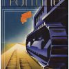 Original 1938 Fortune Magazine cover by Joseph Binder featuring Art Deco heavy machinery with red flag and converging railroad tracks in dynamic modernist composition; linen-backed gravure print in excellent condition