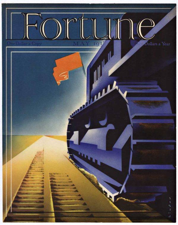 Original 1938 Fortune Magazine cover by Joseph Binder featuring Art Deco heavy machinery with red flag and converging railroad tracks in dynamic modernist composition; linen-backed gravure print in excellent condition