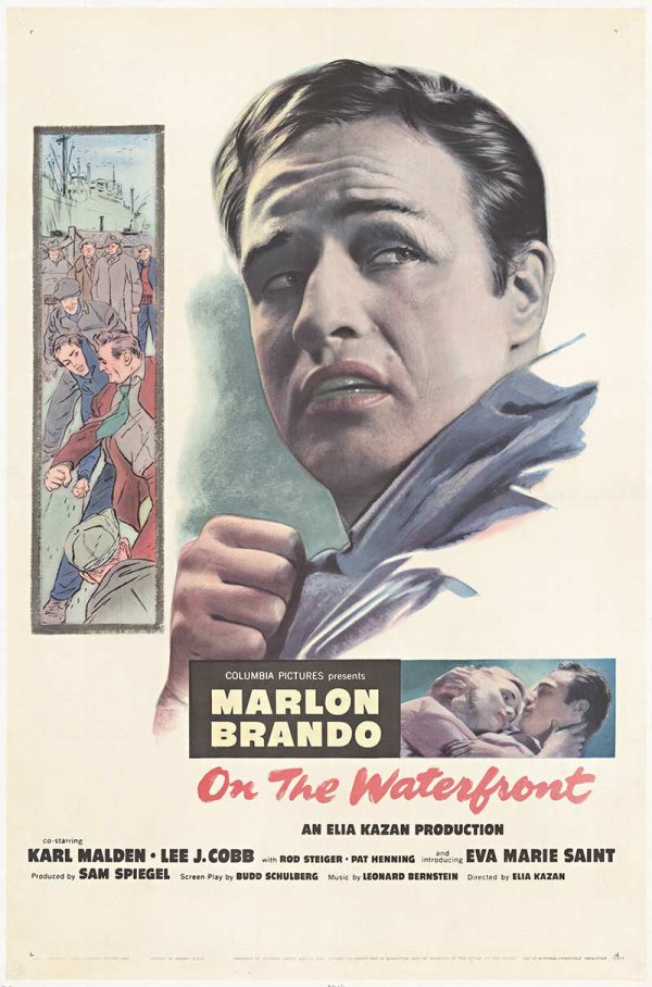 Vintage poster for ON THE WATERFRONT with Marlon Brando prominently shown, with the title “On the Waterfront” in large script