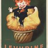Original French stone-lithograph poster for Levurine baking yeast, 1920, by artist John Onwy; features whimsical illustration of smiling red-haired boy sitting atop oversized baking tin with golden pastry texture, dark green background; printed by Vercasson lithography company; linen-backed original in very good condition, 30.75" × 46.25" collectible.