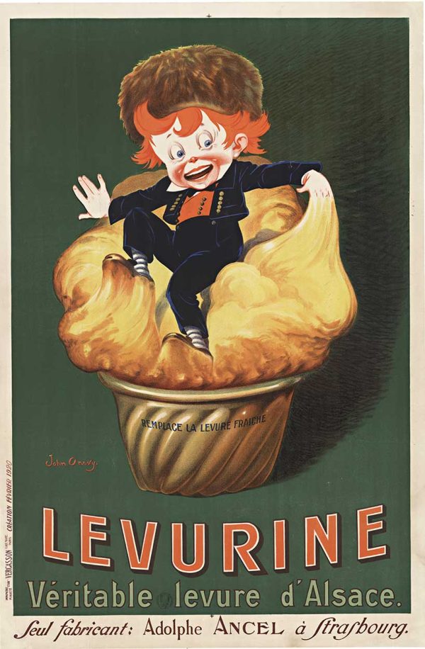 Original French stone-lithograph poster for Levurine baking yeast, 1920, by artist John Onwy; features whimsical illustration of smiling red-haired boy sitting atop oversized baking tin with golden pastry texture, dark green background; printed by Vercasson lithography company; linen-backed original in very good condition, 30.75" × 46.25" collectible.
