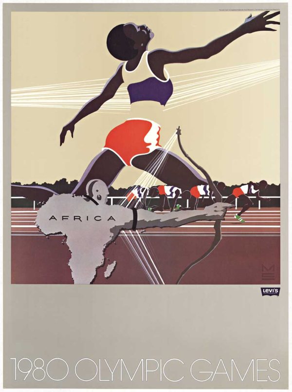 Africa — Levi Strauss Olympic Opportunity Sweepstakes vintage Olympic sport poster showing a stylized female African runner passing a relay, with an archer emerging near the African continent shape.