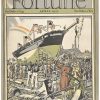 Fortune Magazine April 1930 cover gravure print by Edward A. Wilson, depicting a ship launch with crowds and construction workers, Art Deco framing design, linen-backed, 11 by 14 inches.