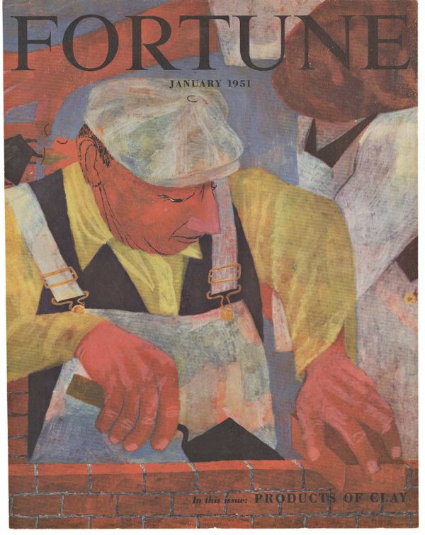 Gravure print cover from Fortune Magazine, January 1951, by Ben Shahn (unsigned). Titled "Products of Clay," features a cubism-influenced composition of a man laying bricks in dominant brick-red tones. 10" × 13", archival linen-backed, mint condition