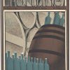 Vintage Fortune Magazine November 1934 cover by Roger Dovoisin featuring Art Deco design with wine bottles in teal and blue tones, wooden wine barrel in brown and copper, geometric composition celebrating wine and viticulture