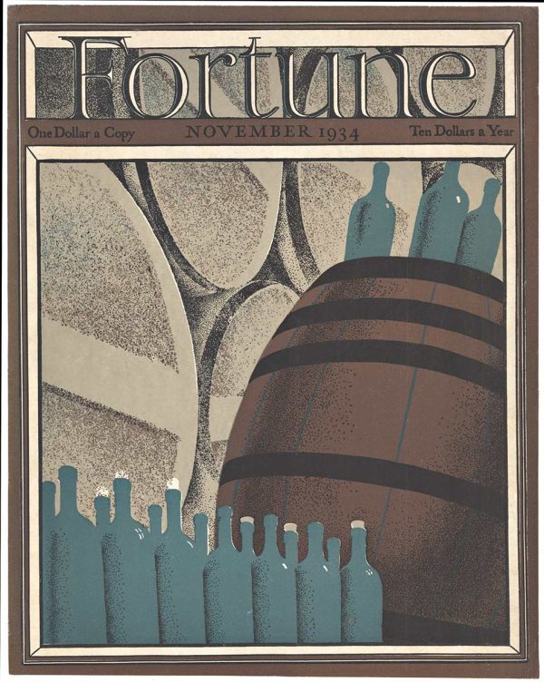Vintage Fortune Magazine November 1934 cover by Roger Dovoisin featuring Art Deco design with wine bottles in teal and blue tones, wooden wine barrel in brown and copper, geometric composition celebrating wine and viticulture