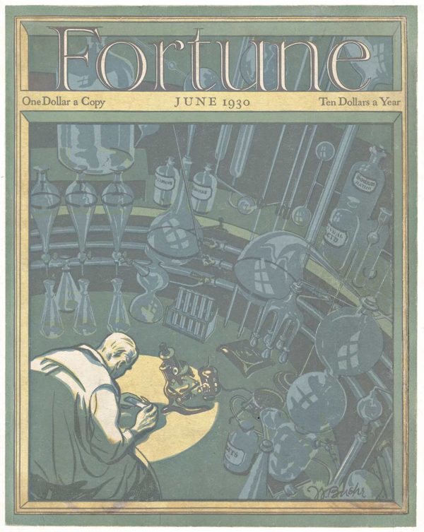 Original 1930 Fortune Magazine cover by Walter Buehr titled "Scientist in the Lab," featuring a scientist at a microscope surrounded by laboratory glassware, linen-backed gravure print, 11 by 14 inches