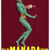 Vintage 1930s Old Manada Rum advertising poster featuring green figure pouring rum against maroon background, original Art Deco lithograph from Marseille, France