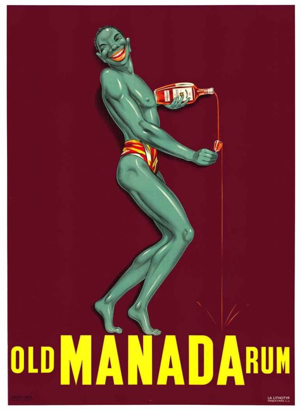 Vintage 1930s Old Manada Rum advertising poster featuring green figure pouring rum against maroon background, original Art Deco lithograph from Marseille, France