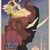 1954 Skarby Sultana (The Story of Little Muck) Polish poster by Jerzy Bowbelski, featuring a small robed figure seated atop a large stylized elephant against a pastel architectural backdrop.