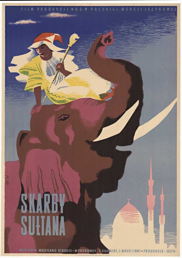 1954 Skarby Sultana (The Story of Little Muck) Polish poster by Jerzy Bowbelski, featuring a small robed figure seated atop a large stylized elephant against a pastel architectural backdrop.