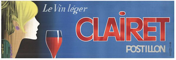 Original 1964 Alain Gauthier vintage wine bar lithograph featuring blonde woman with red wine glass, Clairet Postillon branding, mid-century French design on blue background