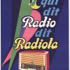 Original vintage Radio Radiola lithographic poster by René Ravo, c. 1955, featuring a colorful parrot singing alongside a midcentury radio set against a deep blue background; linen-backed original with excellent color vibrancy and professionally restored condition.