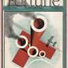 Vintage Fortune Magazine February 1932 cover by Paolo Garetto featuring an aerial view of an industrial complex with chimney stacks, airplane shadow, and railway lines in Art Deco and Futurist style; geometric composition celebrating industrial progress and technology