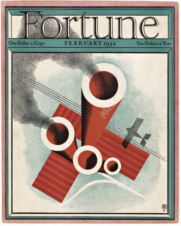 Vintage Fortune Magazine February 1932 cover by Paolo Garetto featuring an aerial view of an industrial complex with chimney stacks, airplane shadow, and railway lines in Art Deco and Futurist style; geometric composition celebrating industrial progress and technology