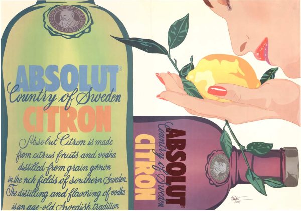 Original 1989 signed and numbered Absolut Citron lithograph poster by Clayton LeFevre featuring lemon vodka advertising art