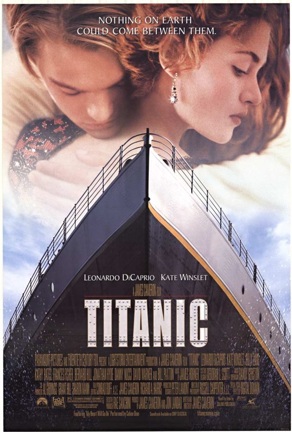 Original 1997 Titanic (U.S. one-sheet) movie poster in a dual-sided design, showing the Titanic ship artwork with Leonardo DiCaprio and Kate Winslet names, and James Cameron directing/writing credits.