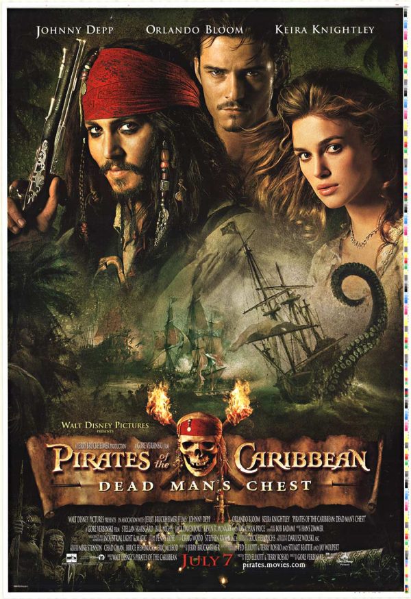 Untrimmed original dual sided US 1-sheet movie poster for PIRATES OF THE CARIBBEAN: DEAD MAN’S CHEST showing Captain Jack Sparrow, Davy Jones-style sea menace artwork, and side color bars.