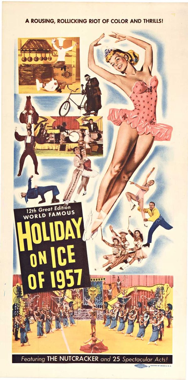 Original 1957 Holiday on Ice vintage performance poster, 12 Great Edition, offset-lithograph, linen-backed, entertainment poster
