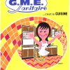 Vintage G.M.E. Sanitaire kitchen appliance and cabinetry advertisement poster featuring smiling woman with mermaid tail gesturing to modern stoves, refrigerators, and cabinet designs, vibrant yellow and coral geometric background, French 1970s lithograph promoting kitchen modernization