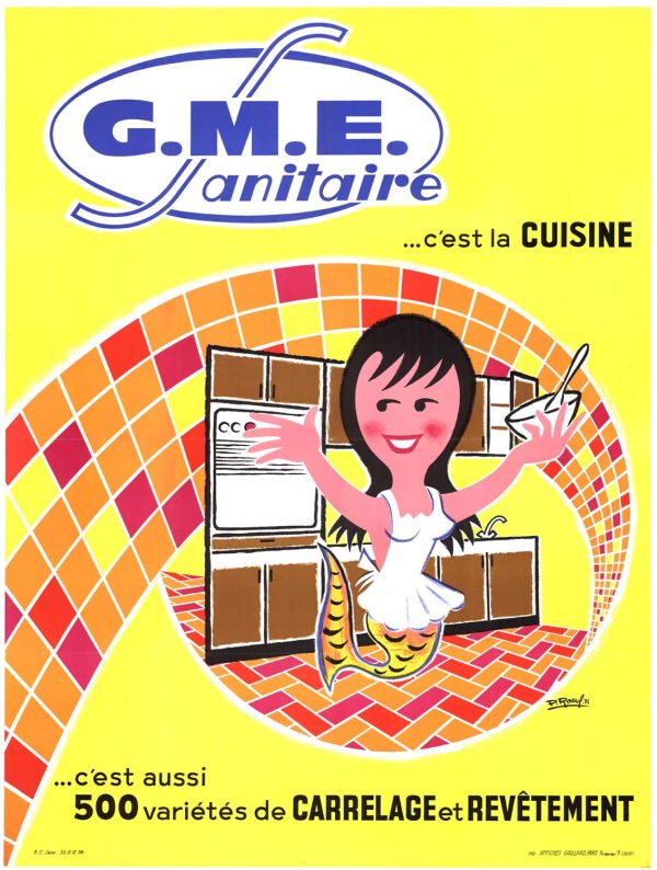 Vintage G.M.E. Sanitaire kitchen appliance and cabinetry advertisement poster featuring smiling woman with mermaid tail gesturing to modern stoves, refrigerators, and cabinet designs, vibrant yellow and coral geometric background, French 1970s lithograph promoting kitchen modernization