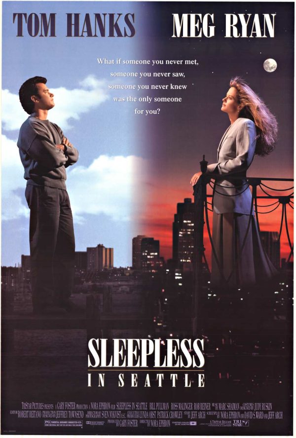 Original “Sleepless in Seattle” vintage US one-sheet poster featuring Tom Hanks (day) and Meg Ryan (night) in a split day/night design; rolled and ready to frame.