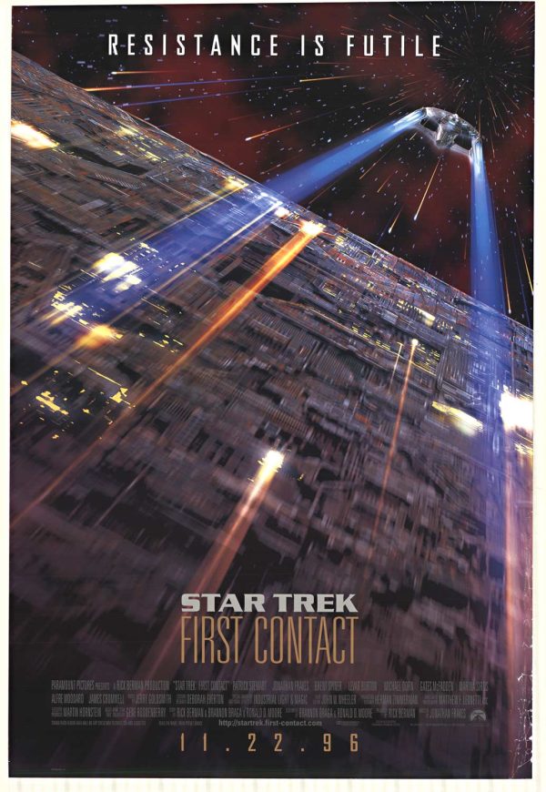 Original pre-release Star Trek First Contact vintage movie poster (US 1-sheet) showing the U.S.S. Enterprise NCC-1701-E over outer space; dual sided and rolled; great color with issues on the right hand side bottom edge; no pin holes.