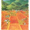 Earl Thollander Napa Valley Wine Country vintage poster 1973 featuring vibrant vineyard landscape with hot air balloons and wineries, original offset-lithograph, California wine country art, linen-backed collectible