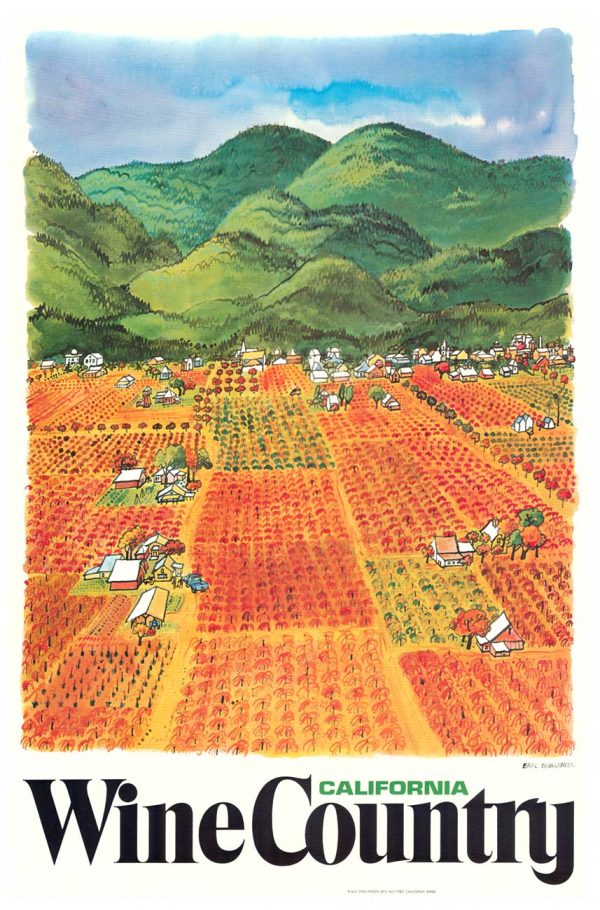 Earl Thollander Napa Valley Wine Country vintage poster 1973 featuring vibrant vineyard landscape with hot air balloons and wineries, original offset-lithograph, California wine country art, linen-backed collectible