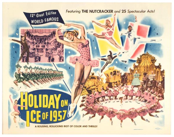 Color lithograph vintage poster titled “HOLIDAY ON ICE of 1957” showing an ice skater in pink costume center, performers and dancers, and an arcing winter-themed stage scene with “25 spectacular acts” text and “THE NUTCRACKER” imagery