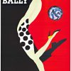 Original Bernard Villemot Bally Kick Globe poster circa 1989, small format offset-lithograph, authentic linen-backed vintage fashion advertising art by Bernard Villemot