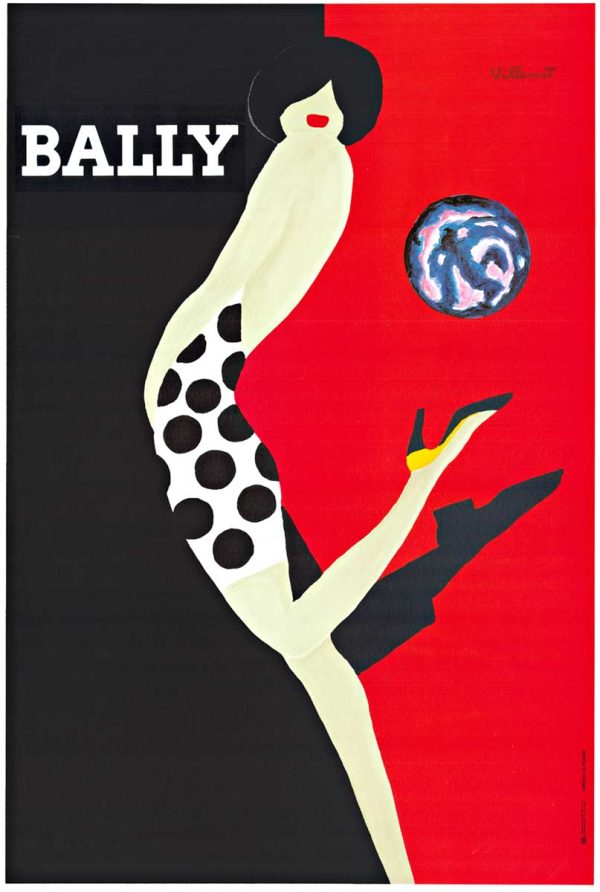 Original Bernard Villemot Bally Kick Globe poster circa 1989, small format offset-lithograph, authentic linen-backed vintage fashion advertising art by Bernard Villemot