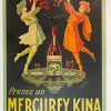 Paul Mohr Mercurey Kina vintage lithographic poster 1925, linen-backed original Art Nouveau wine advertising print featuring two figures with Mercurey Kina bottle and glasses on dark background, signed in plate by Paul Gustave Mohr, small format 11x16.5 inches